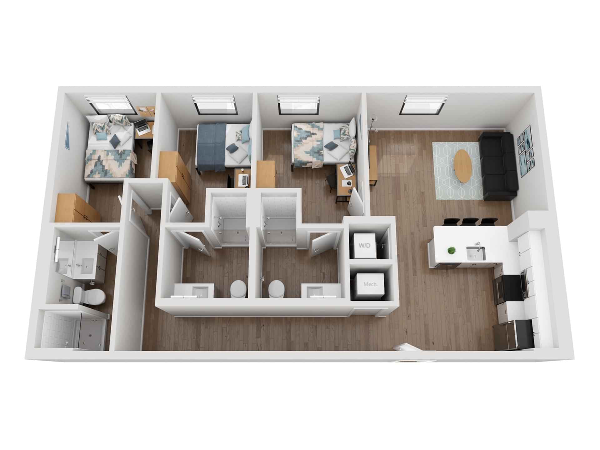 3 Bed - 3 Bath (1030 Sq.ft)