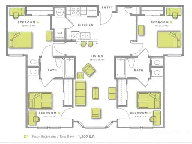 Private Room - Shared Bath (4 Bed - 2 Bath)